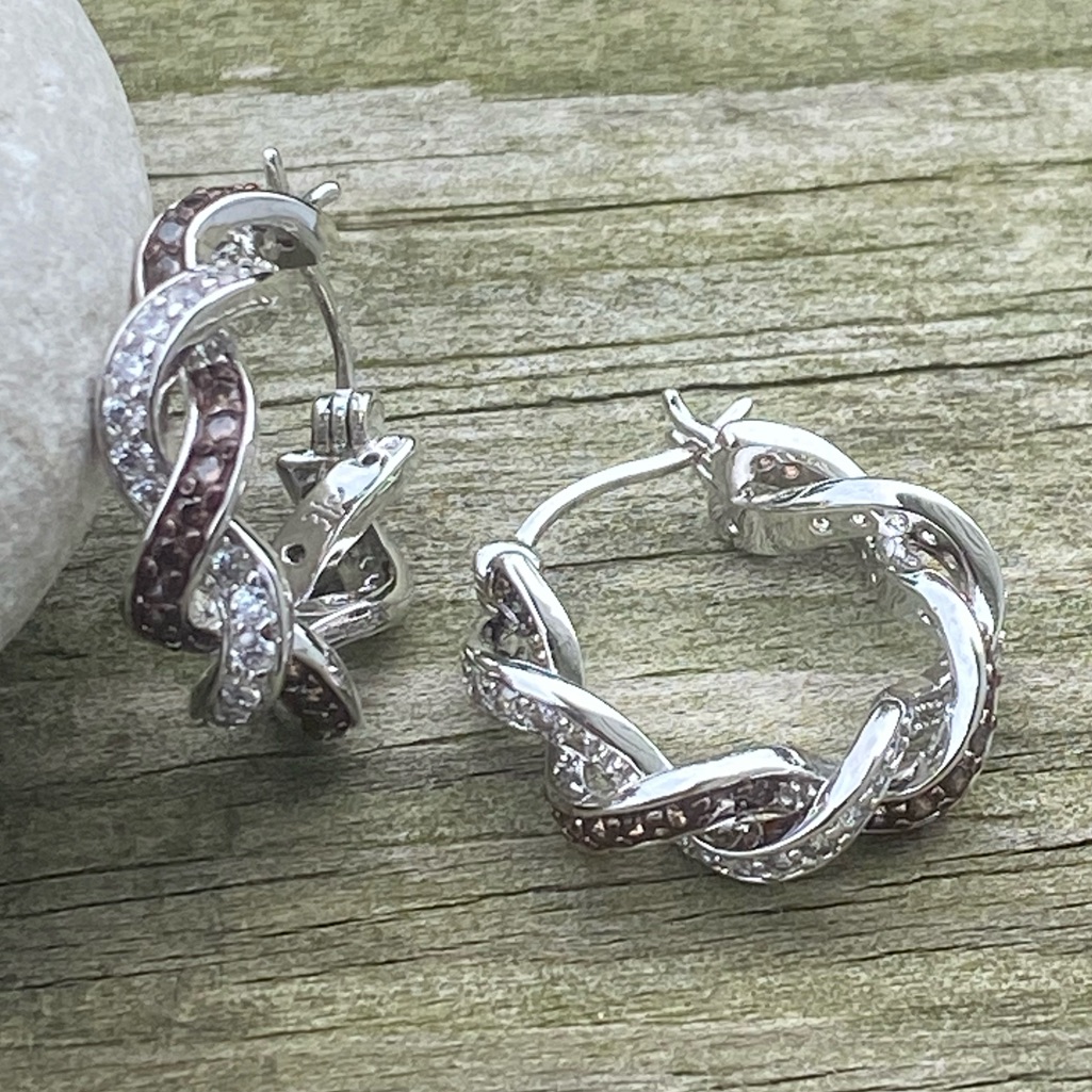 Danbury Mint .925 Sterling Silver Twist Earrings W/ Mocha & Clear Diamonds